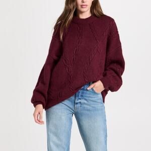 Anine Bing Mike Wool Cable Knit Sweater Burgundy High Neck Oversized NEW M